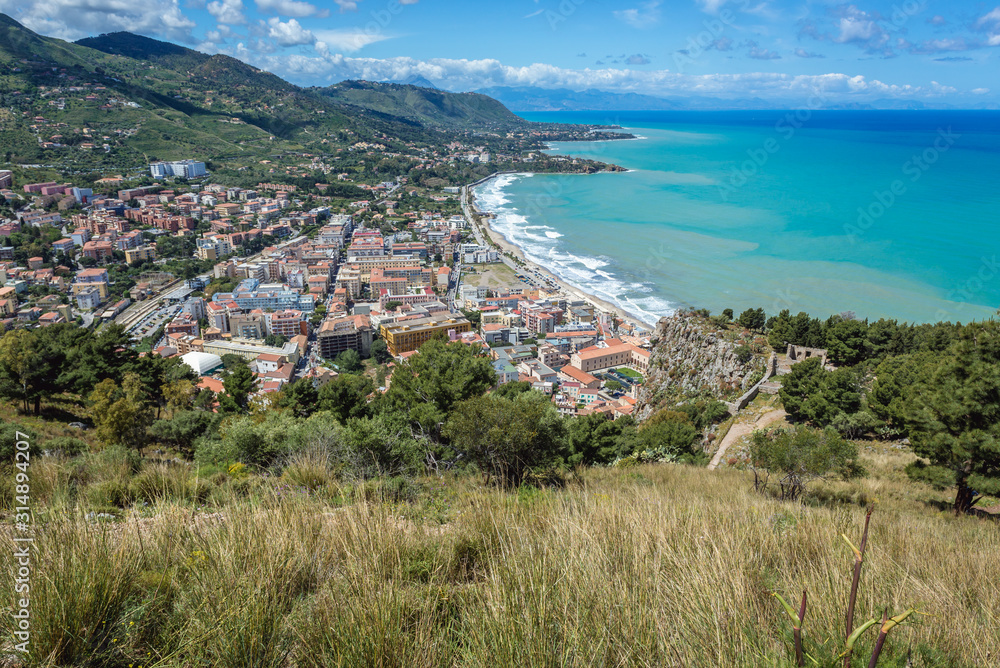 View from large massif rock above Old Town of Cefalu city located on the Tyrrhenian Sea on Sicily Island in Italy