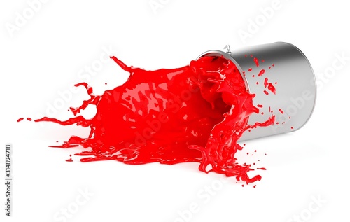 Red paint splashing from silver shiny paint bucket on white floor background
