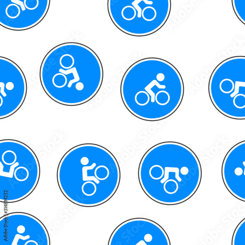 Vector icon blue road sign only for cyclists seamless pattern on a white background.