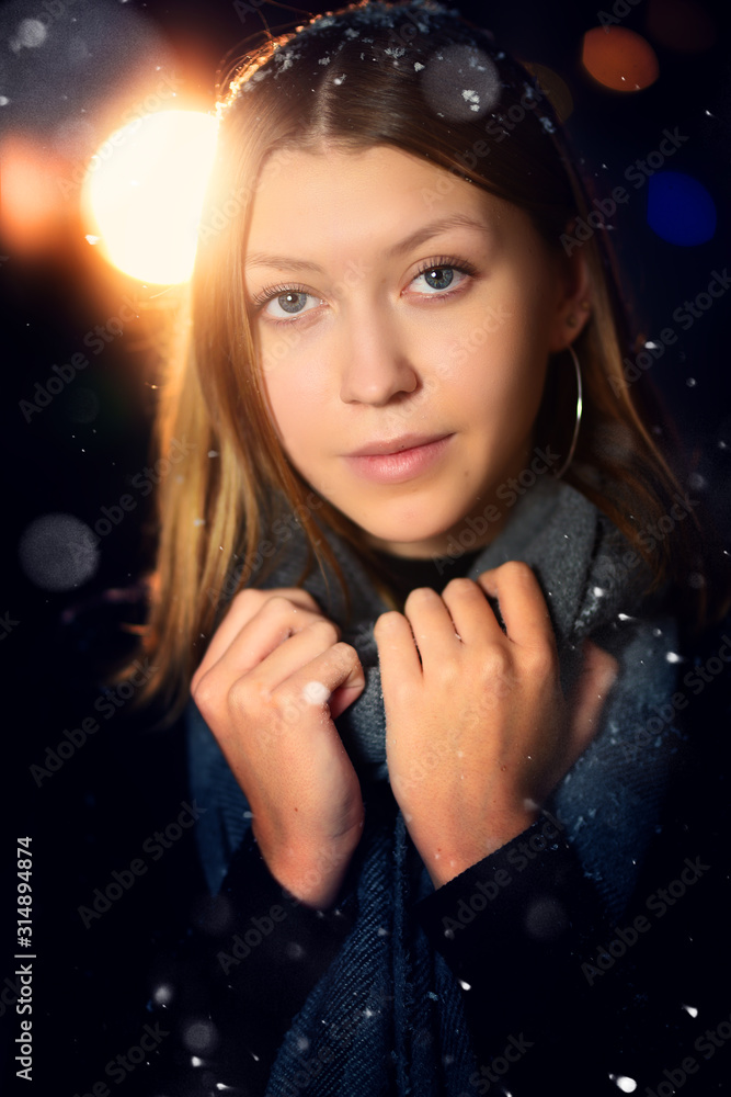 portrait of young girl at winter night portrait of young girl at winter night