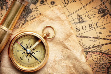 antique compass on ancient map made by H.Hondius at 1652