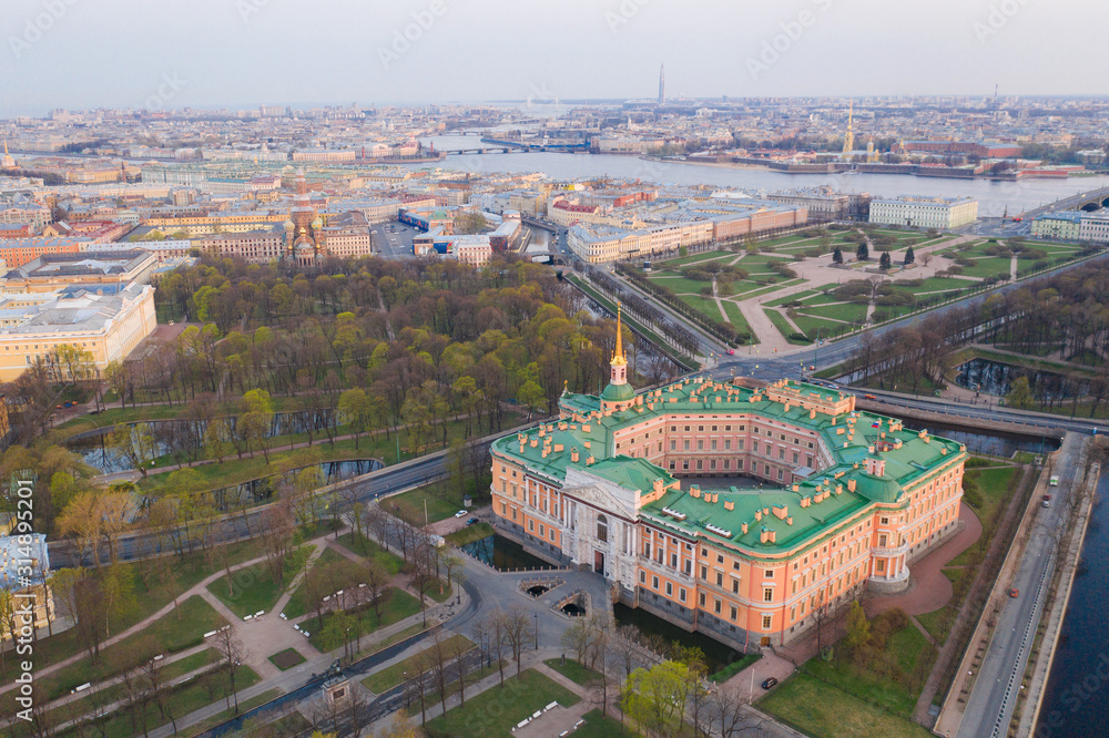 Saint-Petersburg. Russia. Panorama of St. Petersburg city at spring day. Engineering castle top view. Mikhailovsky castle. Architectural monuments of Petersburg. Museums of St. Petersburg.