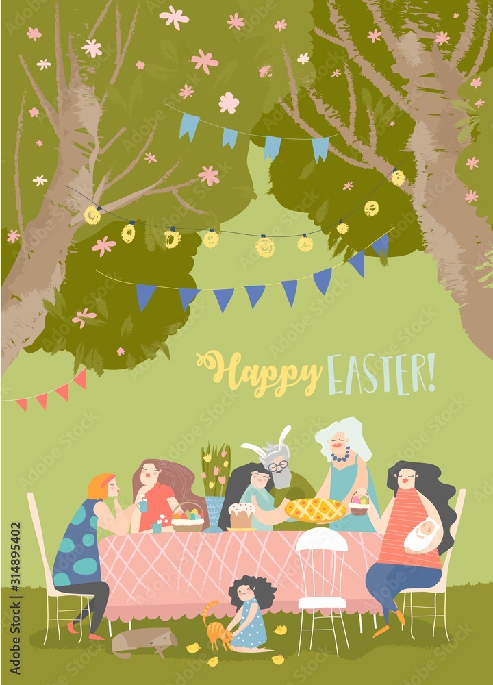 Naklejka premium Cartoon happy family having Easter dinner in blossom garden