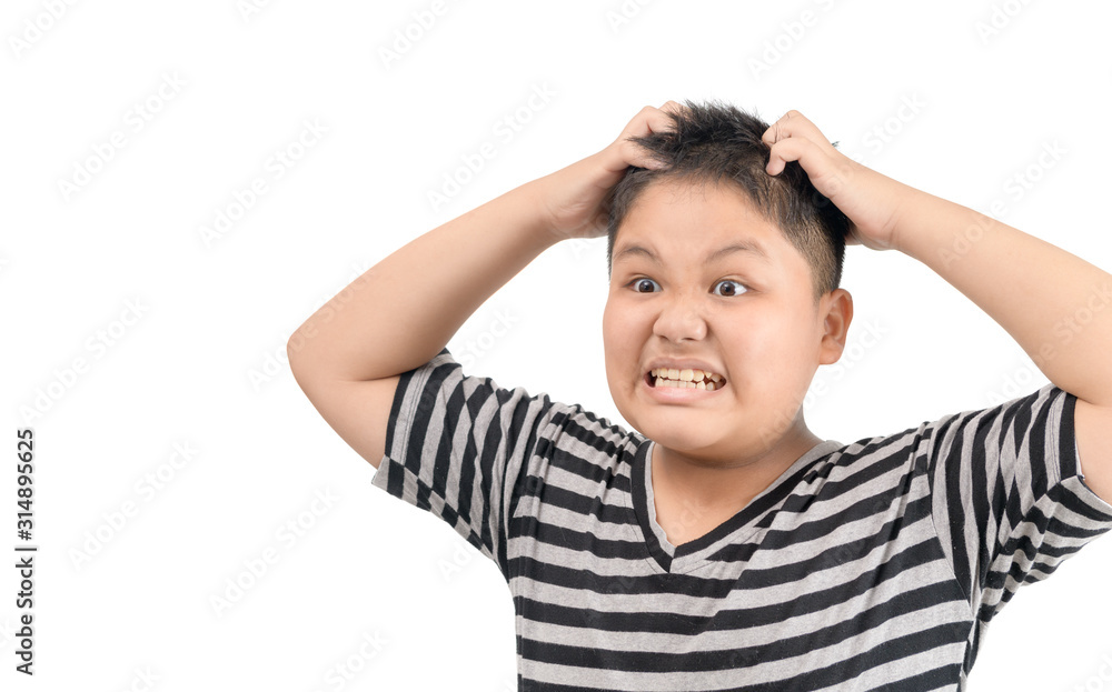Obese boy itchy his hair isolated on white background, Obese boy itchy his hair isolated on white background,