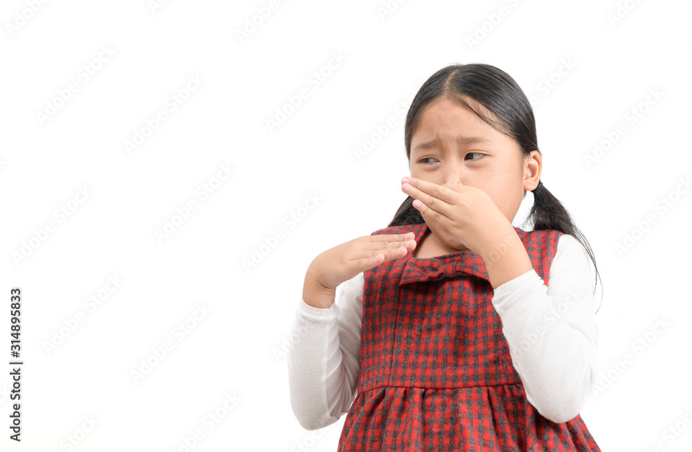 Cute asian girl squeezing nose with fingers with disgust expression, Cute asian girl squeezing nose with fingers with disgust expression,
