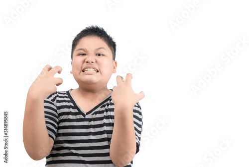 Photography Obese fat boy angry isolated on white background,