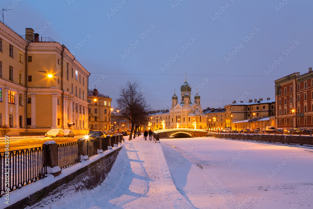 St Isidore's Church in St. Petersburg, Russia. Griboedov night channel, winter, snow.