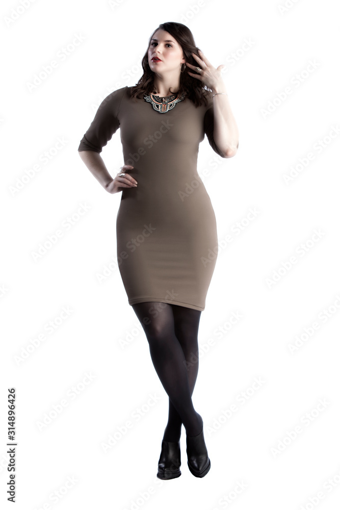 Fototapeta premium beautiful female fashion model wearing a stylish glamour dress is posing in various positions in the photo studio. white background in isolated space. elegant lifestyle with luxury appeal 