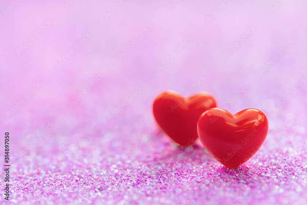 Valentines Day background with Red heart shapes on abstract light pink glitter background, Copy space Valentines Day background with Red heart shapes on abstract light pink glitter background, Copy space