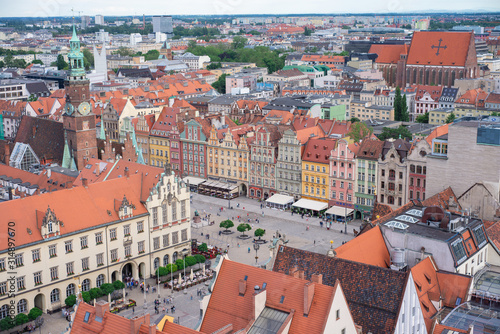 WROCLAW, POLAND - JUNE 17: Aerial view of a Market Square in Wroclaw, Poland in a summer day