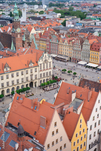WROCLAW, POLAND - JUNE 17: Aerial view of Rynek, the picturesque square in central Wroclaw, Poland
