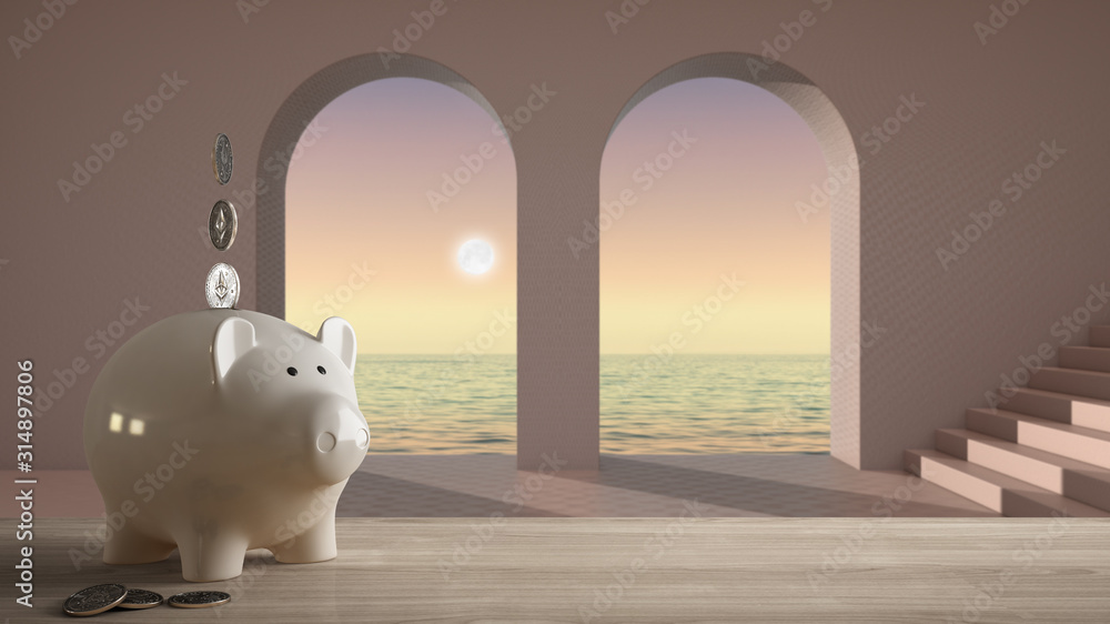 Wooden table top or shelf with white piggy bank with coins empty