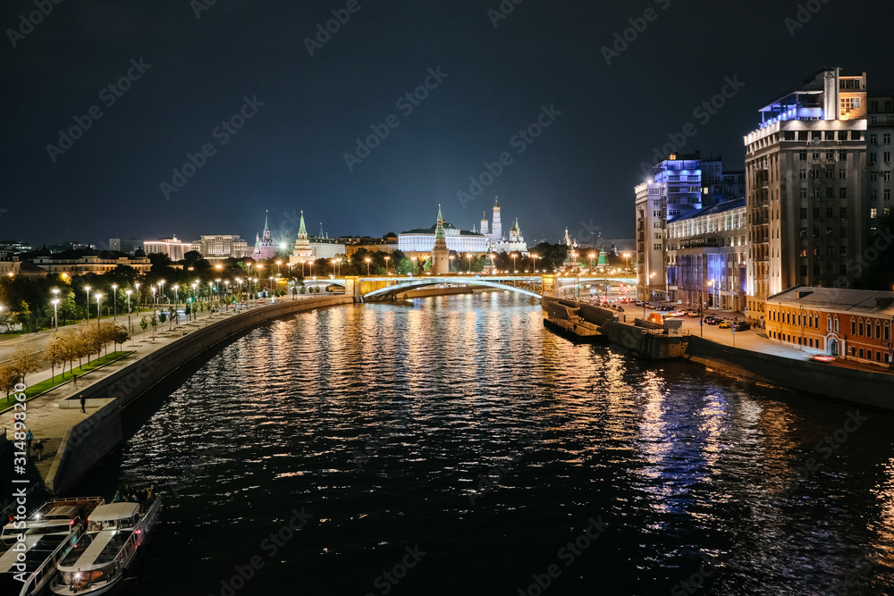 MOSCOW, RUSSIA - AUGUST, 2019: Panoramic view of Moscow Kremlin at night, Russia