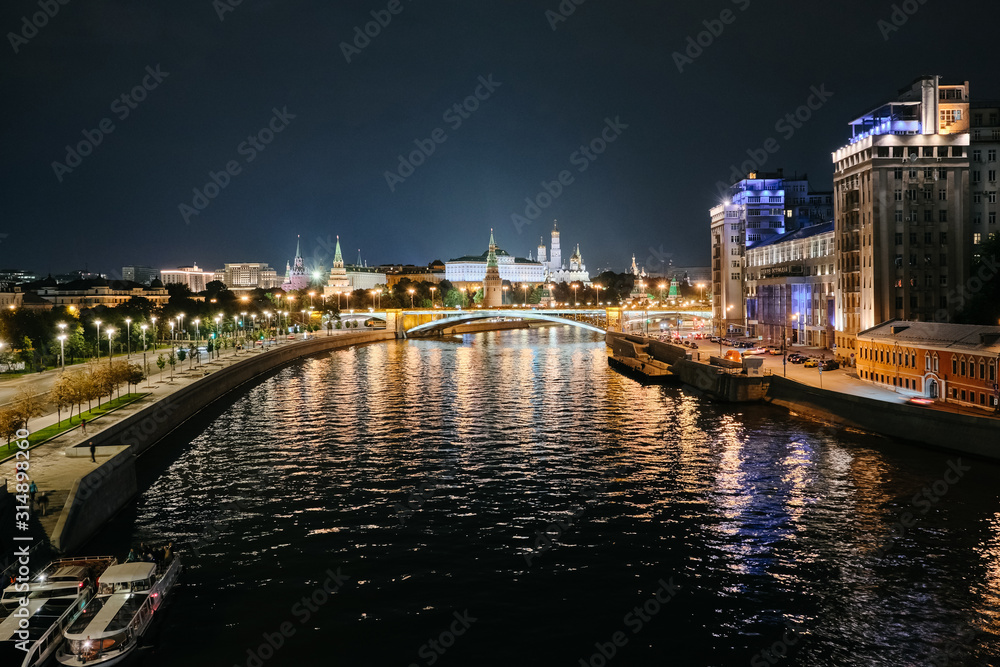 MOSCOW, RUSSIA - AUGUST, 2019: Panoramic view of Moscow Kremlin at night, Russia MOSCOW, RUSSIA - AUGUST, 2019: Panoramic view of Moscow Kremlin at night, Russia