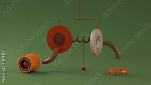 Jelly abstract shapes, candy composition, green background. Work flow, programming, planning concept, assembly line. Disks, spiral and cylinder showing end and beginning of thoughts