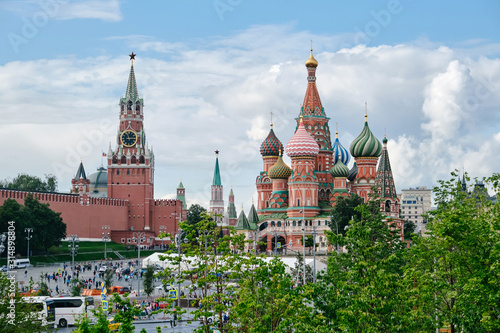 MOSCOW, RUSSIA -AUGUST, 2019: Pokrovsky Cathedral St. Basil's and Moscow Kremlin from the Park Zaryadye in Moscow.