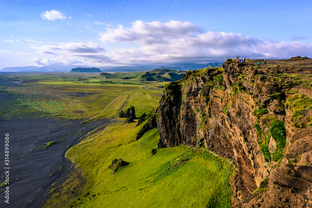 Cliffs at Kap Dyrholaey with black Reynisfjara Beach, Vik, Sudurland, Iceland