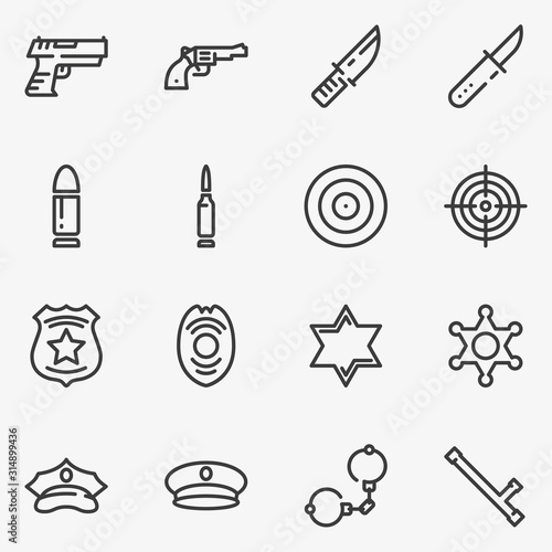 Set of police elements black and white line icon isolated on white background.