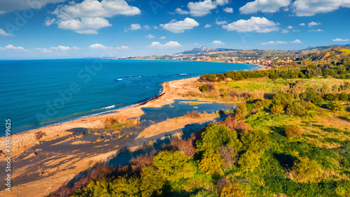 View from flying drone. Aerial morning view of Sciacca town, province of Agrigento, southwestern coast of Sicily, Italy, Europe. Splendid spring seascape of Mediterranean sea. 