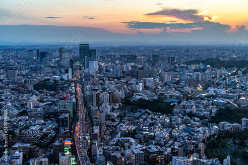 Tokyo skyline and skyscrapers at sunset viewed from Mori Tower observation deck, Japan photo