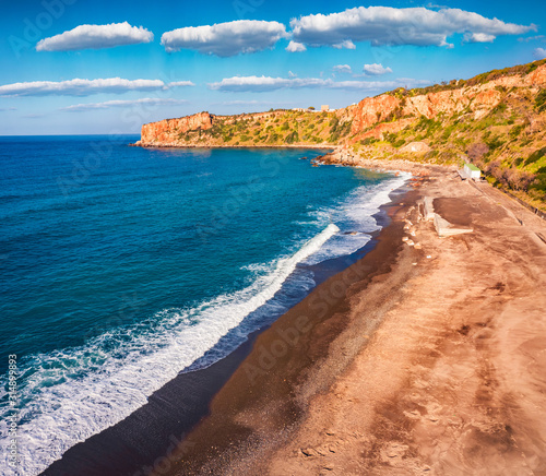 View from flying drone. Superb spring view of Torre Conca beach. Marvelous morning seascape of Mediterranean sea. Attractive outdoor scene of Sicily, Italy, Europe.