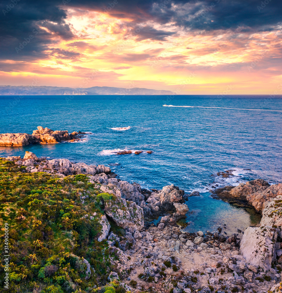 View from flying drone. Dramatic morning view of Pool Of Venus. Gorgeous spring scene of Milazzo peninsula. Great sunrise on Sicily, Italy, Europe. Beauty of nature concept background. View from flying drone. Dramatic morning view of Pool Of Venus. Gorgeous spring scene of Milazzo peninsula. Great sunrise on Sicily, Italy, Europe. Beauty of nature concept background.