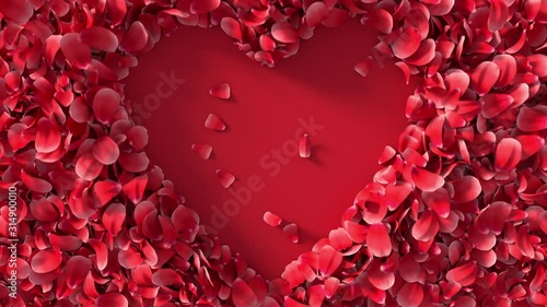 Realistic 3D animation of red petals with moving to create heart copy space background. Floral Valentine's Day or wedding backdrop. 4k reactive fresh concept.