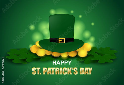Happy St. Patrick's Day .Design with shamrock ,gold coin and hat on green background .Vector.