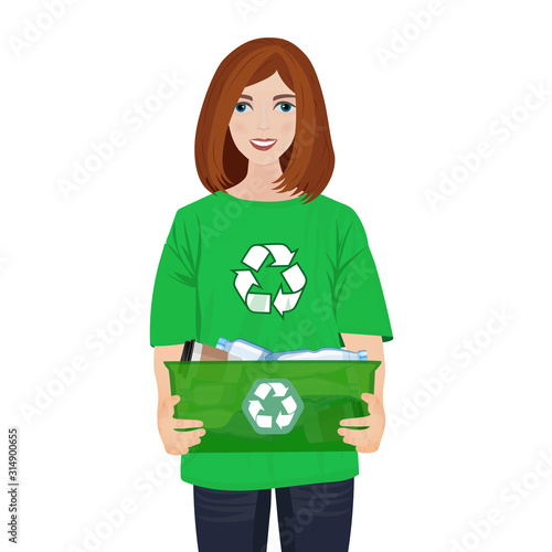 Girl holding a green box with plastic waste. Ecological lifestyle concept.