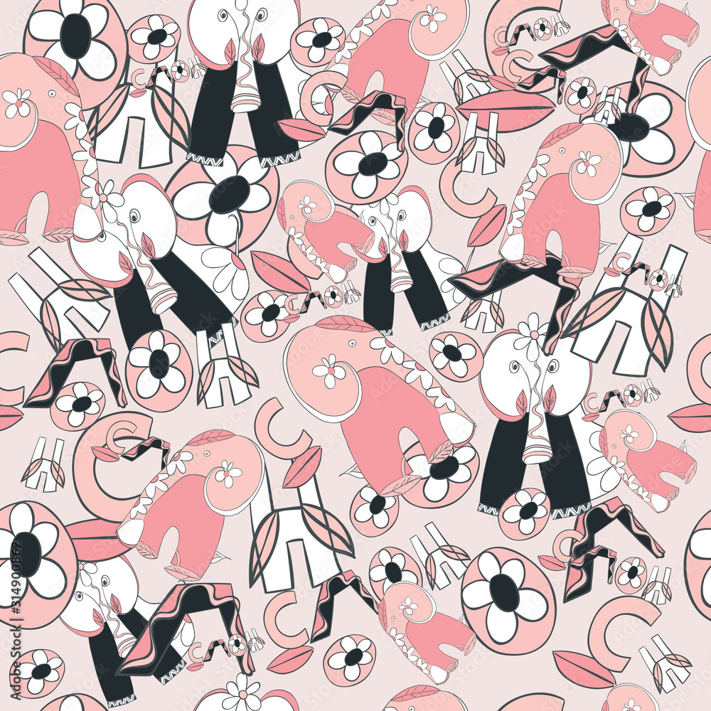 Naklejka premium seamless pattern with cute pink elephants on a gentle background