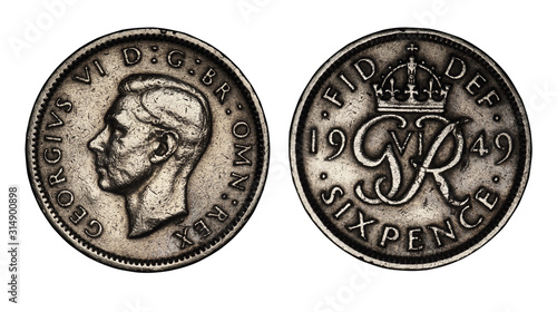Billede på lærred English six pence coin from 1949 on a white background