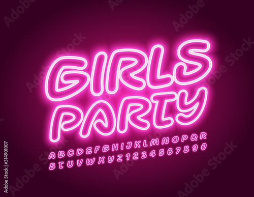 Vector pink poster Girls Party with Neon Font. Glowing Alphabet Letters and Numbers