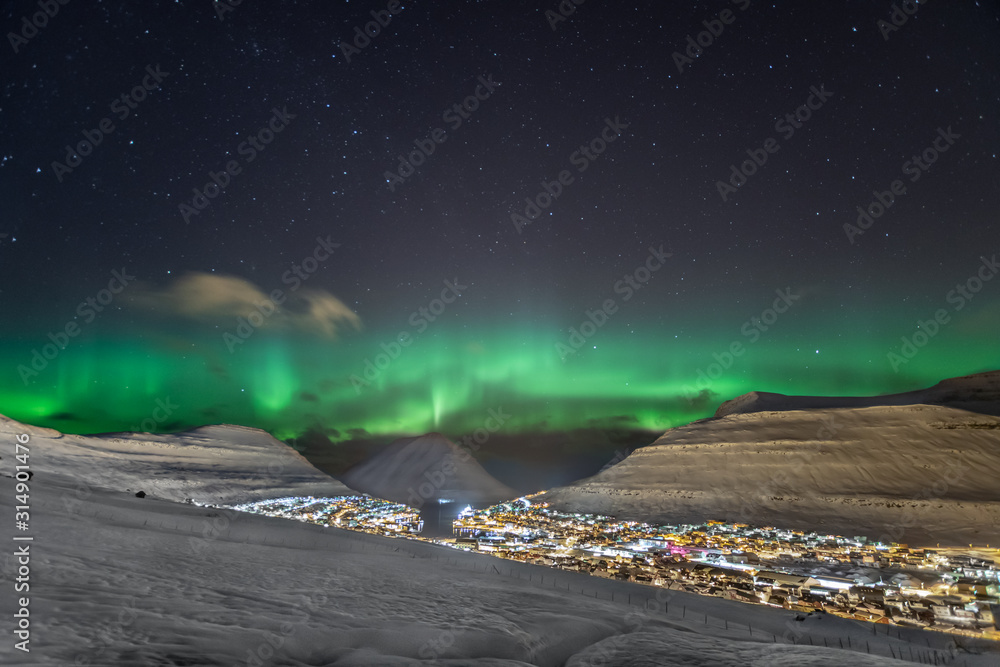 Aurora borealis over Klaksvík, Faroe Islands