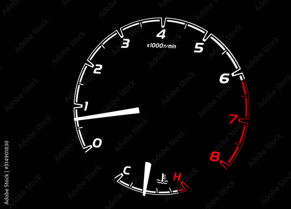 Side view of simple tachometer,  RPM gauge, displaying under 1000 RPM. Close up of modern illuminated vehicle dashboard with temperature indicator. Car detailing.