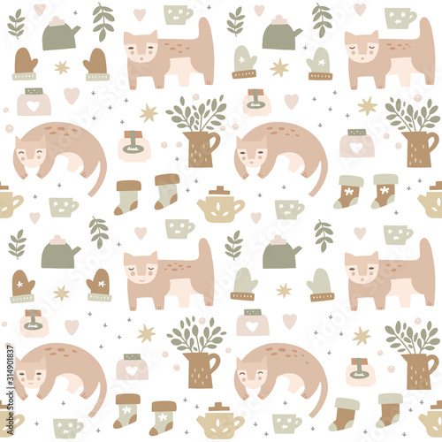 Fototapeta Naklejka Na Ścianę i Meble -  Hand drawn seamless pattern. Cozy winter characters and graphic elements. Cat, tea pot, cup, hot drink, jam, socks, gloves. Christmas background fill, wrapping paper in flat style. Holidays, comfort