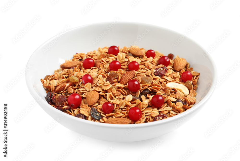 Tasty granola with cranberries isolated on white. Healthy breakfast Tasty granola with cranberries isolated on white. Healthy breakfast