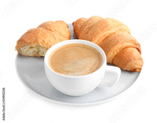 Fototapeta Naklejka Na Ścianę i Meble -  Fresh croissants and coffee on white background