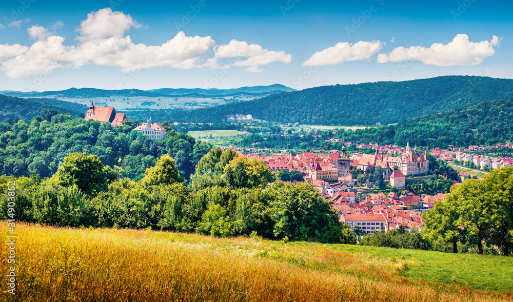 Obraz premium Attractive morning cityscape of Sighisoara. Magnificent summer view of medieval town of Transylvania, Romania, Europe. Traveling concept background.