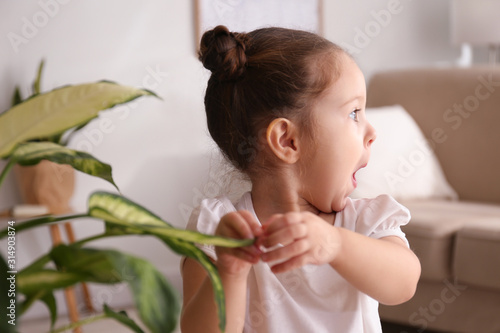 Little girl playing with houseplant at home photo
