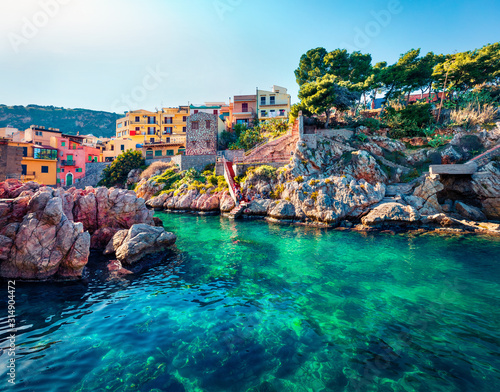 Sunny spring view of Sant' Elia village. Splendid azure water bay on Sicily, Palermo city location, Italy, Europe. Traveling concept background.