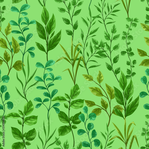 Seamless pattern of sprigs with green leaves.