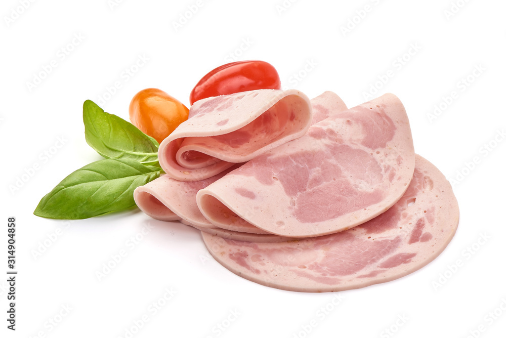 Sliced boiled ham sausage, isolated on white background