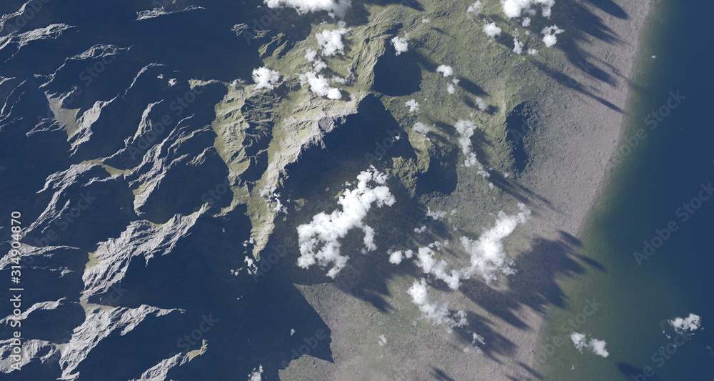 High top down aerial image from space. Mountains, greenfield beautiful cumulus clouds, shoreline and ocean. High resolution image from space. Sunny morning or afternoon with sharp shadows. High top down aerial image from space. Mountains, greenfield beautiful cumulus clouds, shoreline and ocean. High resolution image from space. Sunny morning or afternoon with sharp shadows.