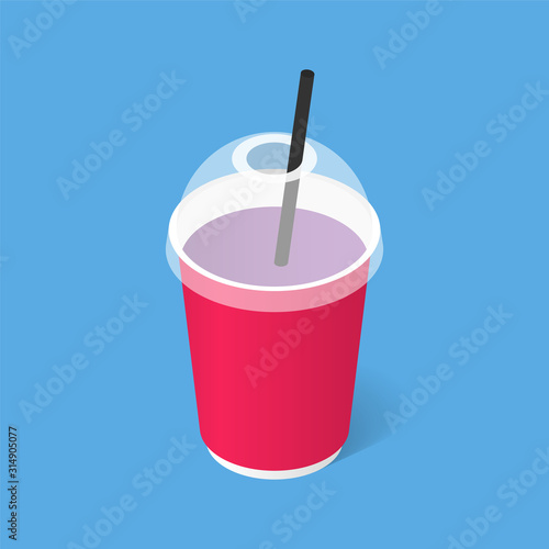 Disposable paper cup with straw. Isometric illustration with a shadow. Fast food. Vector illustration