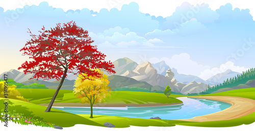 River beach formation around the meadows, rocky mountains and a lush green outfield