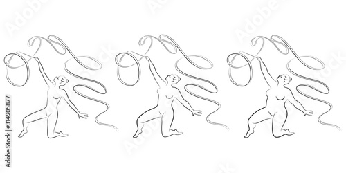 Collection. Silhouette of a cute lady, she is engaged in rhythmic gymnastics with a ribbon. The woman is overweight and slender girl athlete. Vector illustration set.