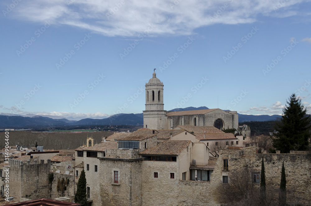 Girona historic city centre with mountaint views