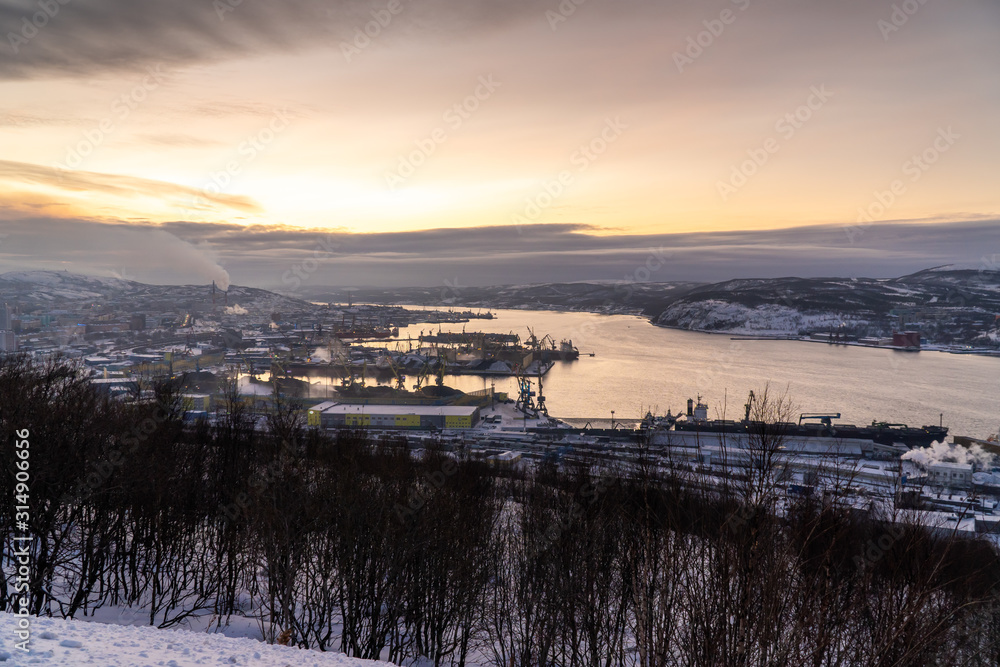 Winter views of the city and the Kola Bay from high hills in the vicinity of Murmansk.