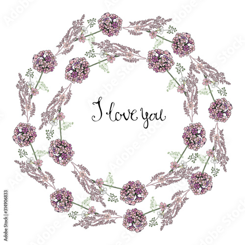 Round flower garland  brushes and patterns with spring flowers . For holiday design  advertising  greeting cards  posters  advertising and lettering.
