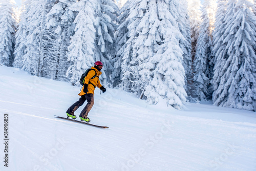 Snowboarder in motion, slides snowboard down the hill with snowy trees in the background